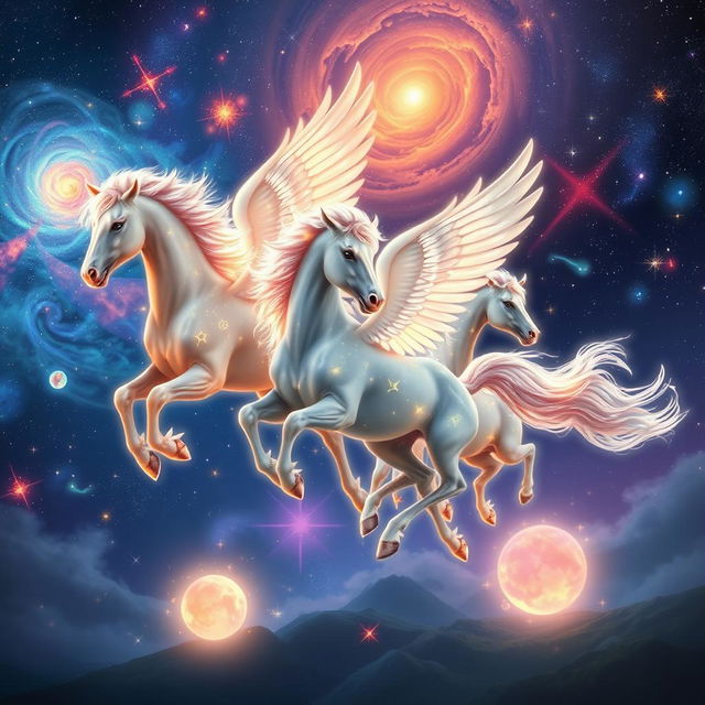Celestial winged horses, glowing with a starry light, gracefully flying through a cosmic landscape filled with shimmering stars and swirling galaxies