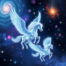 Celestial winged horses, glowing with a starry light, gracefully flying through a cosmic landscape filled with shimmering stars and swirling galaxies