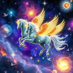 Celestial winged horses, glowing with a starry light, gracefully flying through a cosmic landscape filled with shimmering stars and swirling galaxies