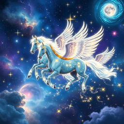 Celestial winged horses, glowing with a starry light, gracefully flying through a cosmic landscape filled with shimmering stars and swirling galaxies
