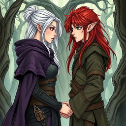 A detailed illustration in manhwa style of a beautiful human woman with white silver hair and striking red eyes, around 30 years old