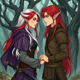 A detailed illustration in manhwa style of a beautiful human woman with white silver hair and striking red eyes, around 30 years old