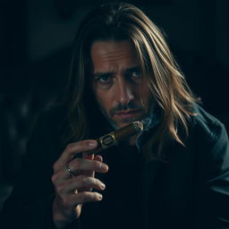 A melancholic man with long, flowing hair sits in a dimly lit room, his expression reflecting deep sadness