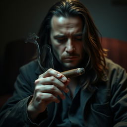 A melancholic man with long, flowing hair sits in a dimly lit room, his expression reflecting deep sadness