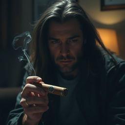 A melancholic man with long, flowing hair sits in a dimly lit room, his expression reflecting deep sadness