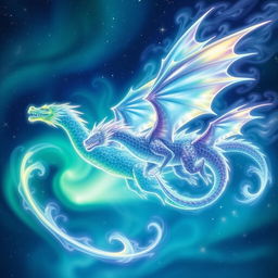 Dragons of pure energy, resembling dynamic auroras borealis swirling with vibrant greens, blues, and purples