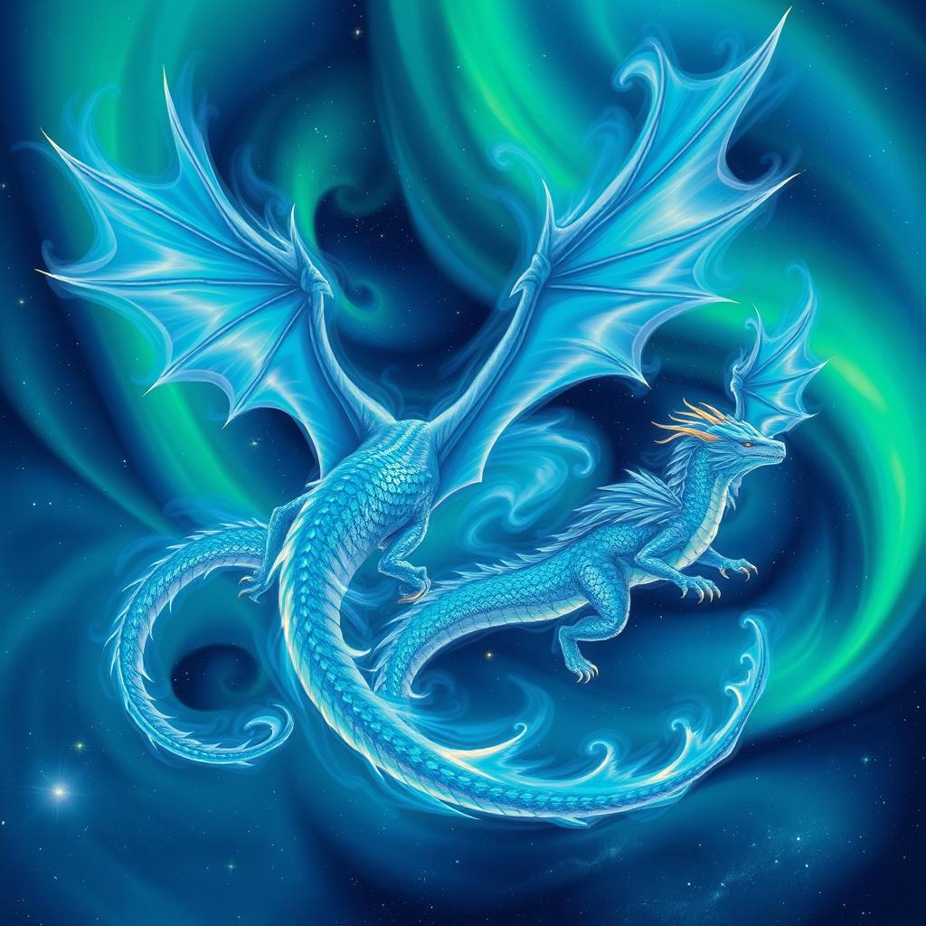 Dragons of pure energy, resembling dynamic auroras borealis swirling with vibrant greens, blues, and purples