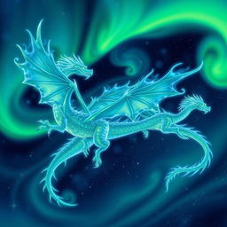 Dragons of pure energy, resembling dynamic auroras borealis swirling with vibrant greens, blues, and purples