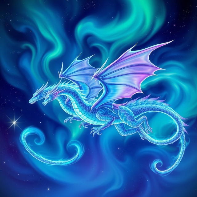 Dragons of pure energy, resembling dynamic auroras borealis swirling with vibrant greens, blues, and purples