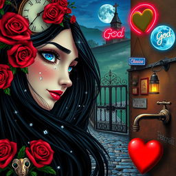 A beautiful, stunning girl with flowing black hair and captivating blue eyes gazes into a mirror, set in a dreamlike psychedelic world inspired by Salvador Dali