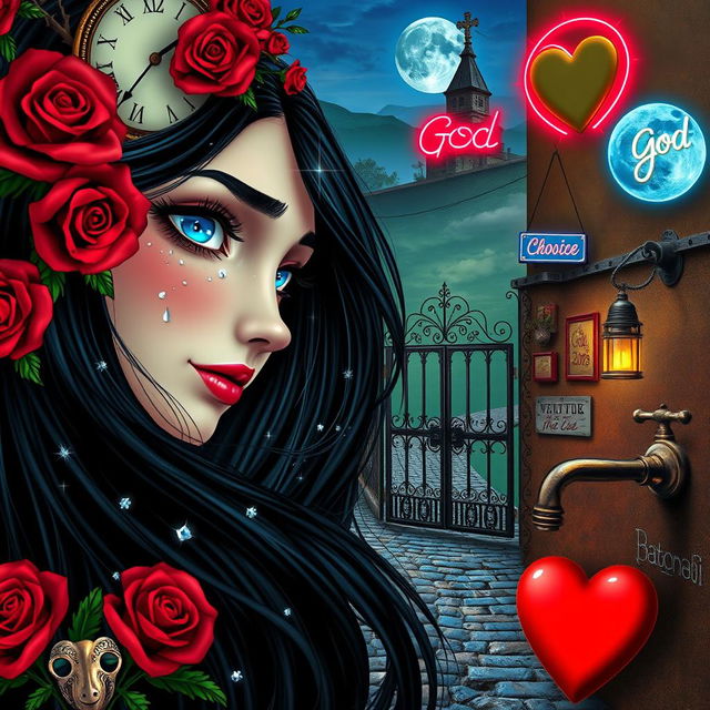 A beautiful, stunning girl with flowing black hair and captivating blue eyes gazes into a mirror, set in a dreamlike psychedelic world inspired by Salvador Dali