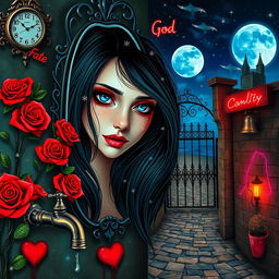 A beautiful, stunning girl with flowing black hair and captivating blue eyes gazes into a mirror, set in a dreamlike psychedelic world inspired by Salvador Dali