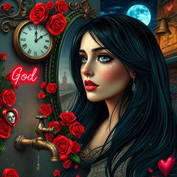 A beautiful, stunning girl with flowing black hair and captivating blue eyes gazes into a mirror, set in a dreamlike psychedelic world inspired by Salvador Dali