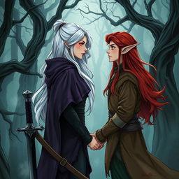 A captivating illustration in manhwa style showcasing a couple in a cursed forest