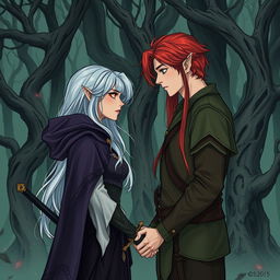 A captivating illustration in manhwa style showcasing a couple in a cursed forest