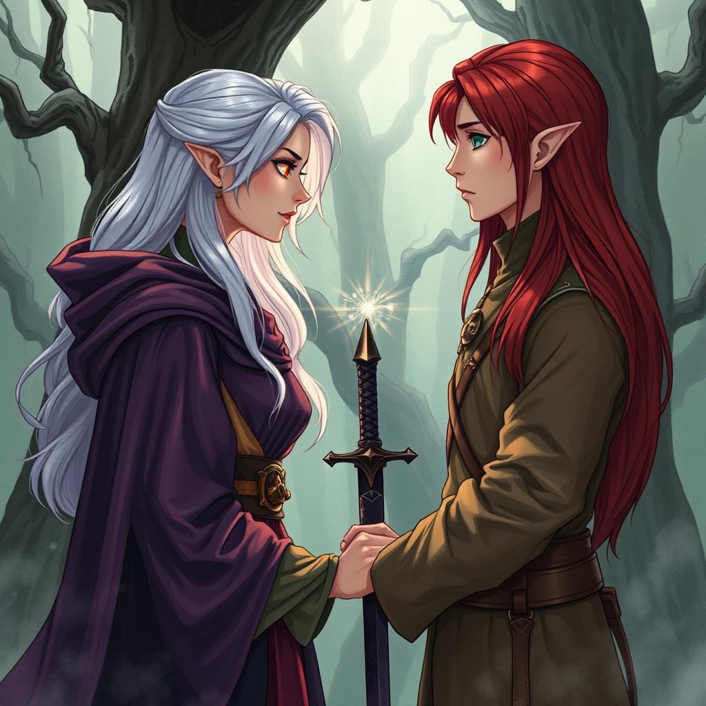 A captivating illustration in manhwa style showcasing a couple in a cursed forest