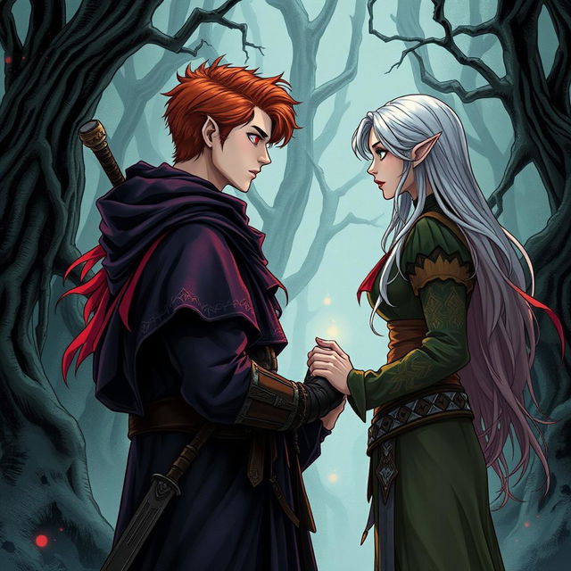 A captivating illustration in manhwa style showcasing a couple in a cursed forest