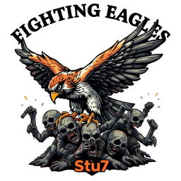 An intricate and realistic logo design depicting a fierce falcon engaged in battle with multiple homeless zombies beneath its feet