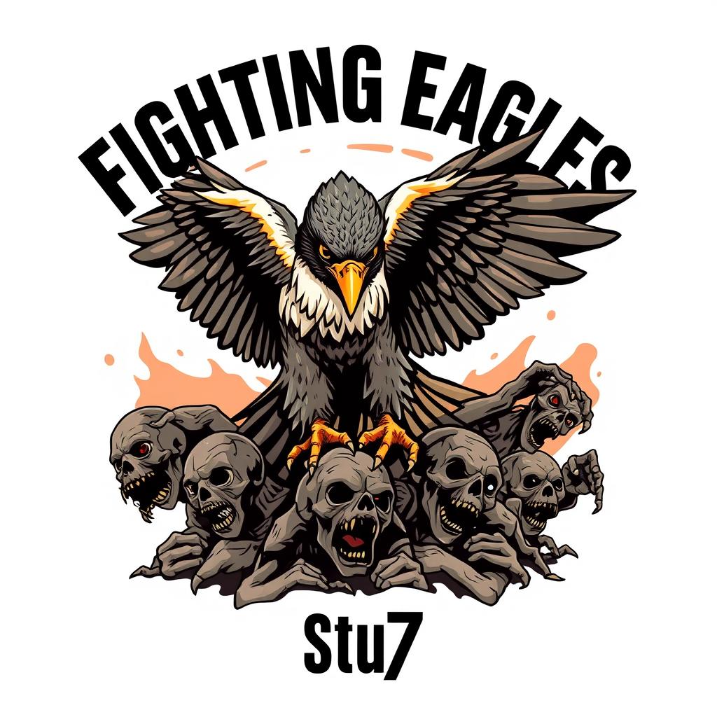 An intricate and realistic logo design depicting a fierce falcon engaged in battle with multiple homeless zombies beneath its feet