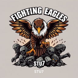 An intricate and realistic logo design depicting a fierce falcon engaged in battle with multiple homeless zombies beneath its feet