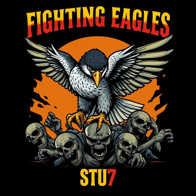 An intricate and realistic logo design depicting a fierce falcon engaged in battle with multiple homeless zombies beneath its feet