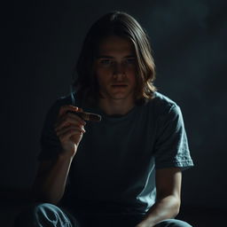 A somber teenager with long hair sits alone in a dimly lit setting, his face reflecting a deep sense of sadness
