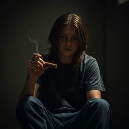 A somber teenager with long hair sits alone in a dimly lit setting, his face reflecting a deep sense of sadness
