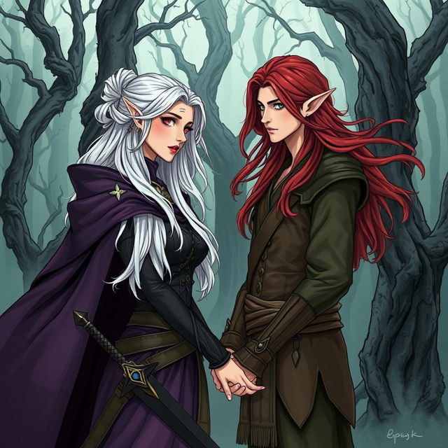 An illustration in manhwa style depicting a couple in a cursed forest