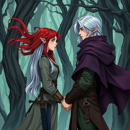 An illustration in manhwa style depicting a couple in a cursed forest