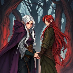 An illustration in manhwa style depicting a couple in a cursed forest