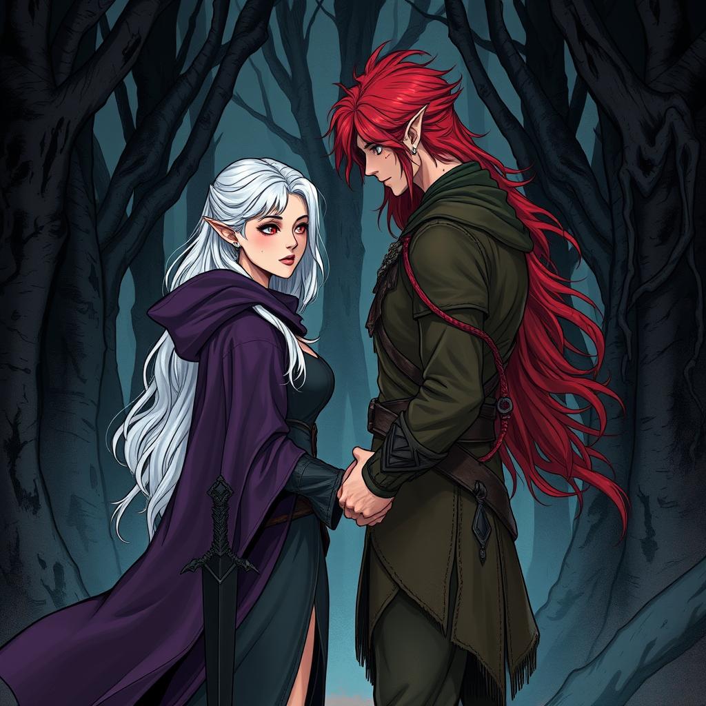 An illustration in manhwa style depicting a couple in a cursed forest