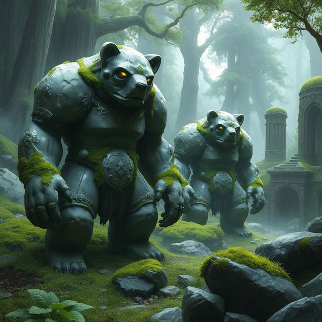 Golem-like creatures resembling bears, crafted from polished stone and adorned with soft moss, standing watch over ancient secrets in a mystical forest