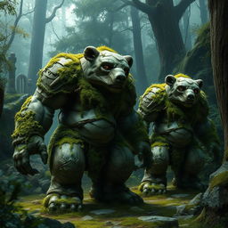 Golem-like creatures resembling bears, crafted from polished stone and adorned with soft moss, standing watch over ancient secrets in a mystical forest