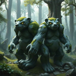 Golem-like creatures resembling bears, crafted from polished stone and adorned with soft moss, standing watch over ancient secrets in a mystical forest