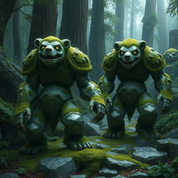 Golem-like creatures resembling bears, crafted from polished stone and adorned with soft moss, standing watch over ancient secrets in a mystical forest