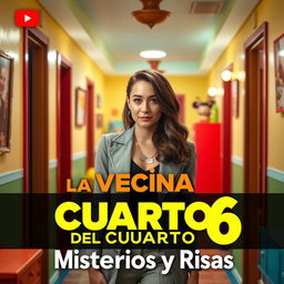 A YouTube thumbnail design featuring a vibrant and eye-catching scene from a fictional show titled 'La Vecina del Cuarto 6'