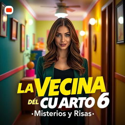 A YouTube thumbnail design featuring a vibrant and eye-catching scene from a fictional show titled 'La Vecina del Cuarto 6'