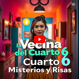 A YouTube thumbnail design featuring a vibrant and eye-catching scene from a fictional show titled 'La Vecina del Cuarto 6'