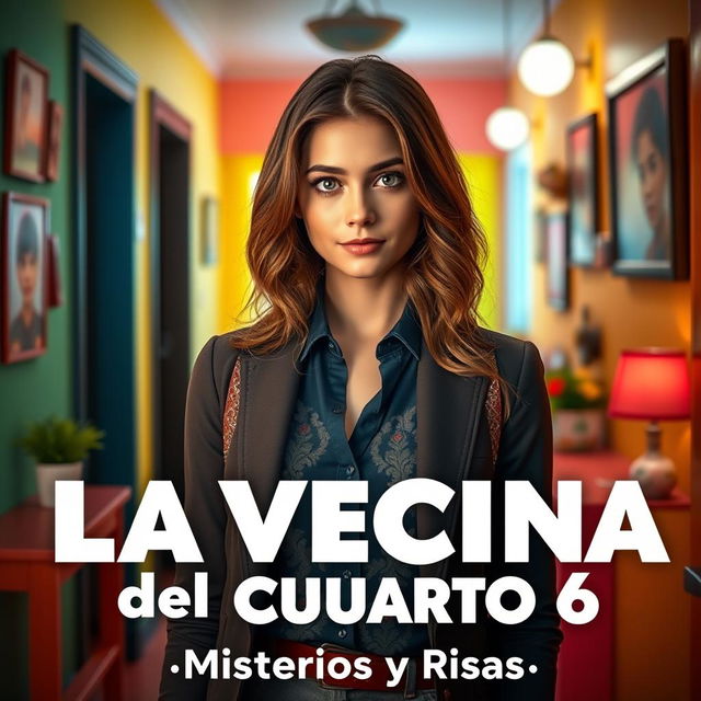 A YouTube thumbnail design featuring a vibrant and eye-catching scene from a fictional show titled 'La Vecina del Cuarto 6'