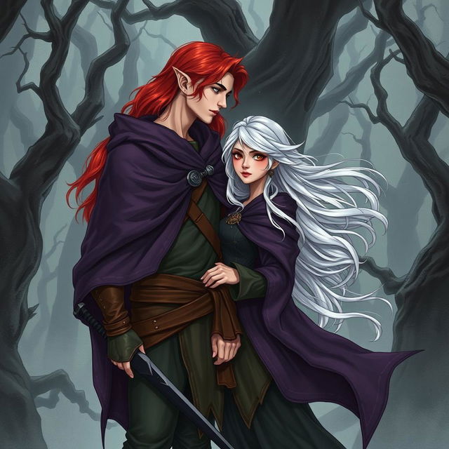 An enchanting illustration in manhwa style featuring a couple in a cursed forest