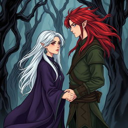 An enchanting illustration in manhwa style featuring a couple in a cursed forest