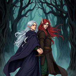 An enchanting illustration in manhwa style featuring a couple in a cursed forest