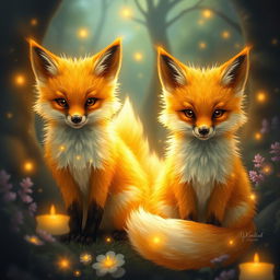 Radiant foxes with luminous, glowing tails, serving as mystical guardians in an enchanted forest