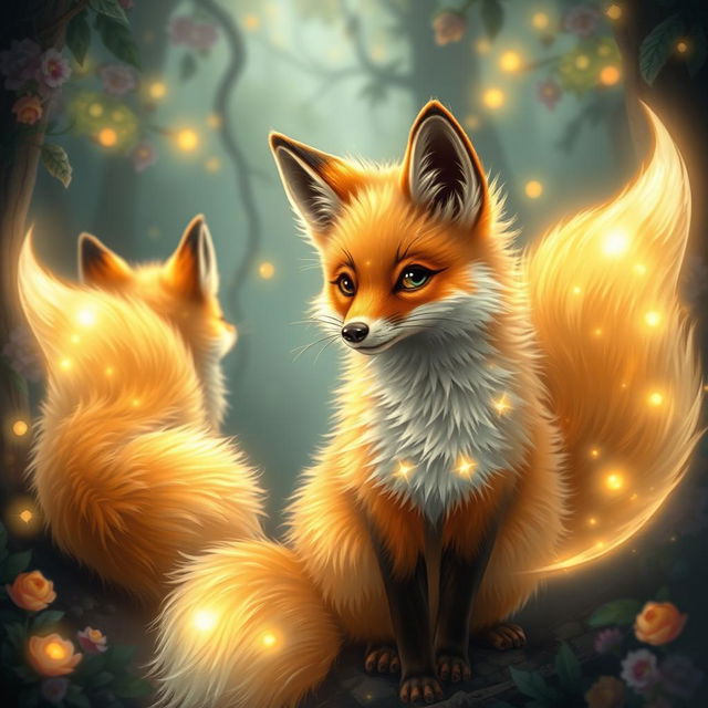 Radiant foxes with luminous, glowing tails, serving as mystical guardians in an enchanted forest