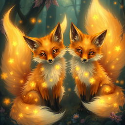 Radiant foxes with luminous, glowing tails, serving as mystical guardians in an enchanted forest