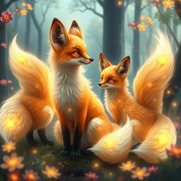 Radiant foxes with luminous, glowing tails, serving as mystical guardians in an enchanted forest