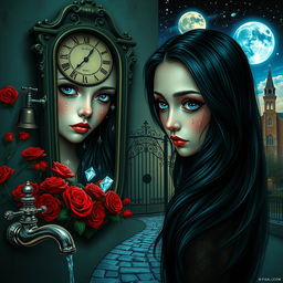 A beautiful, stunning girl with flowing black hair and striking blue eyes gazes into a mirror, set in a dreamlike, psychedelic world inspired by Salvador Dali