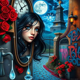 A beautiful, stunning girl with flowing black hair and striking blue eyes gazes into a mirror, set in a dreamlike, psychedelic world inspired by Salvador Dali