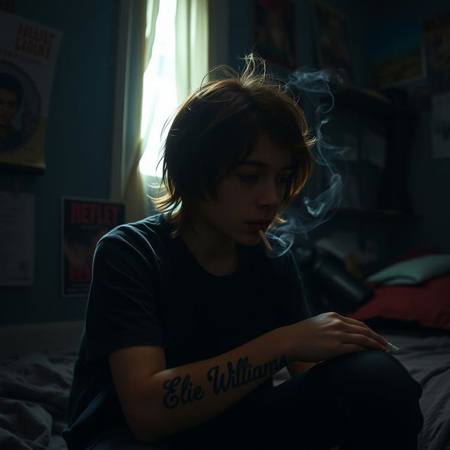 A melancholic teenage boy with semi-long hair, sitting in a dimly lit room, looking contemplative and forlorn