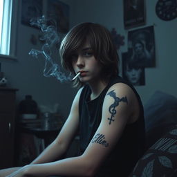 A melancholic teenage boy with semi-long hair, sitting in a dimly lit room, looking contemplative and forlorn